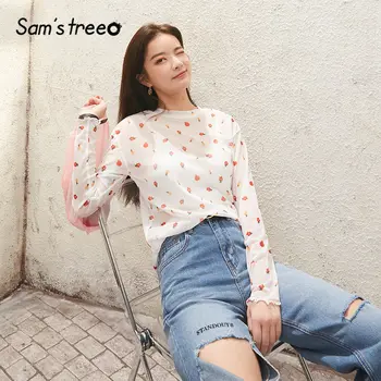 

SAM'S TREE White Floral Transparent Mesh Blouse Women 2020 Spring Vintage Green Leopard Full Sleeve Pink Bright Girly Korean Top