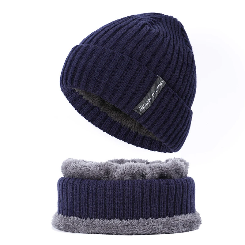 Комплект из 2 предметов, зимняя шапка, Шапочка-шарф, теплая вязаная шляпа, толстая флисовая подкладка, зимняя шапка и шарф для женщин, толстая шапка с черепом для мужчин - Цвет: style4 navy