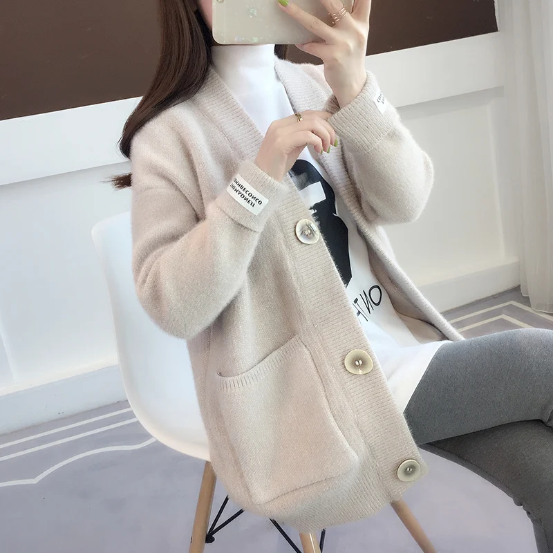 beige Женские осенние кардиганы, теплый свитер с v-образным вырезом, однотонный Свободный Трикотаж, длинный Повседневный вязаный кардиган, верхняя одежда, зимняя куртка, плотное пальто - Цвет: beige