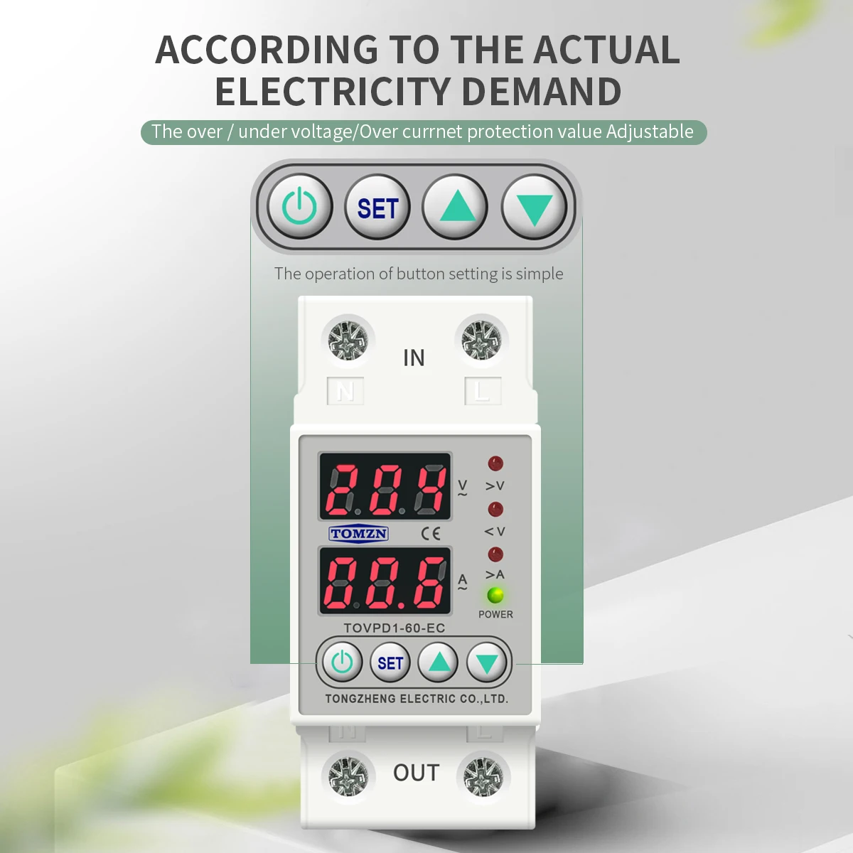 60A Din Rail 230V Adjustable Over and Under Voltage Protective Device Protector Relay Monitor Current Limit TOMZN TOVPD1-63-EC