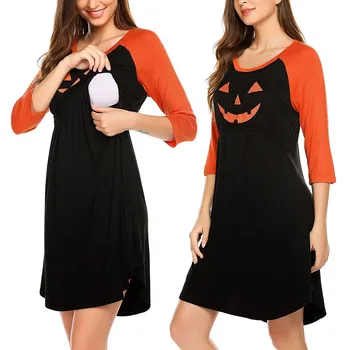 

Halloween Maternity 3/4 Sleeve Pumpkin Printed Casual Nursing Dress Mother Patchwork Fashion Dress For Breastfeeding Autumn 2019