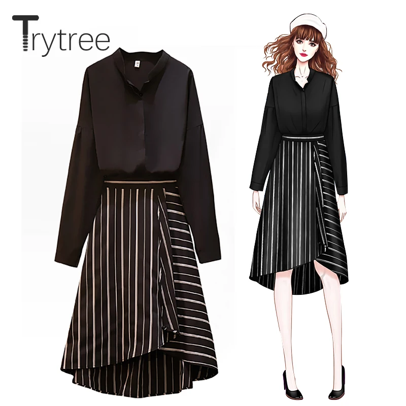 Trytree/2019 осенний женский костюм из двух предметов повседневный однотонный черный