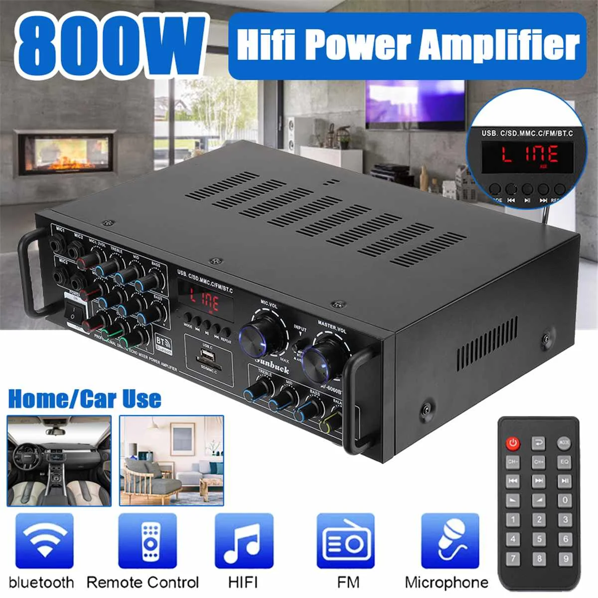 2000W 4ohm усилитель bluetooth стерео Беспроводной автомобильный USB диск SD карт Hi-Fi аудио