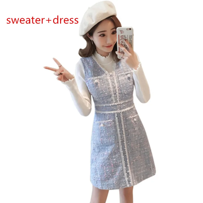 sweater and dress Женский зимний белый вязаный свитер Топ И v-образный вырез в клетку с жемчугом короткий твидовый карман жилет шерстяные комбинезоны платье костюм - Цвет: sweater and dress