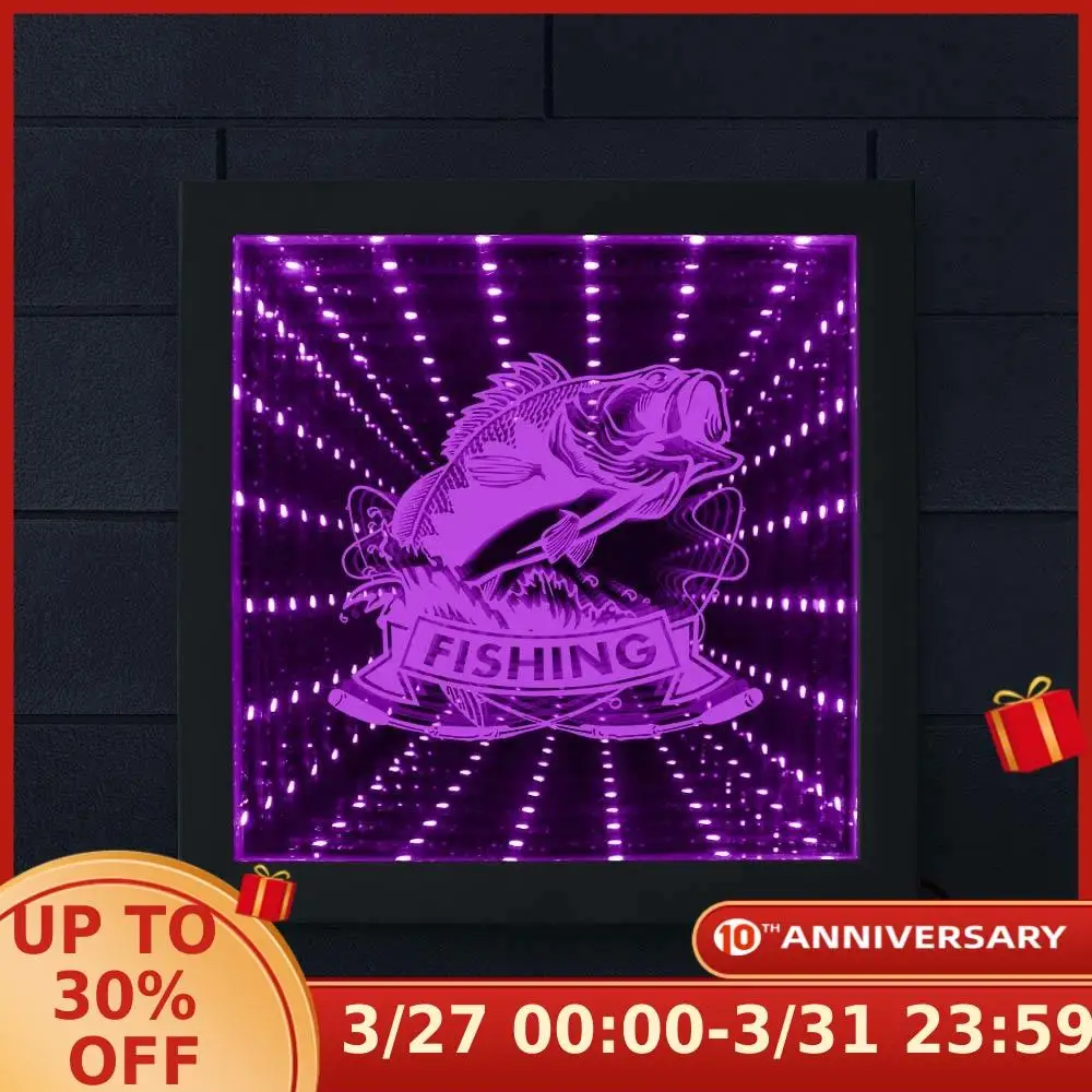 

Fishing Club Infinity Mirror Frame Fishing Bass 3D LED Illuminated Mirrors Fish With Rod Fisherman Tunnel Vision Mirrored light