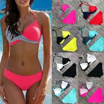 

NEW Women Bikini Set Swimsuit Padded Push-up Bra Triangle Swimwear Bathing Suit Fashion Patchwork Lace-up Breathable Bikini Suit