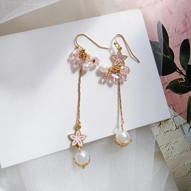 Long Imitation Pearls Stone Crystal Ear Clips Earrings No Pierced Romantic Pink Sakura Flower Clip on Ear Without Piercing Hole