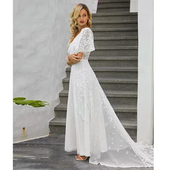 

2020 New Women long Dress Sexy Deep V Neck Casual Boho Party Dress Backless Lantern Ruffle Sleeve Beige Dresses Vacation Wear