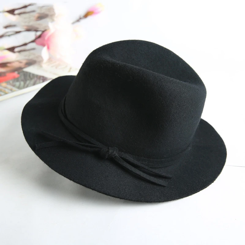 Black FS осень Трилби шляпа Женская Теплая зима с широкими полями Fedoras Шерсть фетр котелок шапки для женщин черный серый Fedora шапки - Цвет: Black