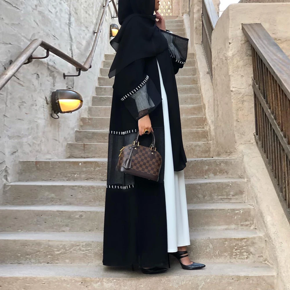 Рамадан Eid Mubarak Niqab Черное женское кимоно кардиган мусульманский хиджаб платье