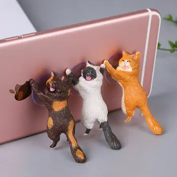 6 Color Phone Holder Cat Figurine Miniature Cat Sucker Design  Mini Fairy Garden Cartoon Statue Craft Home For Xiaomi Huawei
