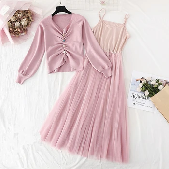 

Fashion knit Dress Women Spring Autumn New Lantern Sleeve Sling Mesh Big Swing Dress Two Piece Set Dresses Ladies Vestidos D3462