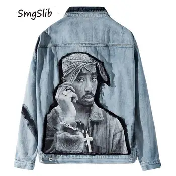 

2020 Hip Hop Rap Rapper 2PAC Tupac Shakur Patchwork Tie Dye Denim Jacket Hip Hop Casual Denim Jean Coat Streetwear Outerwear