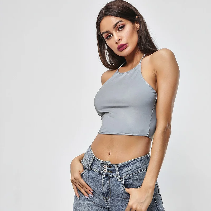 Chicology светоотражающий Холтер harajuku crop camis Топ летние женские без рукавов сексуальные Клубные женские уличные вечерние шорты