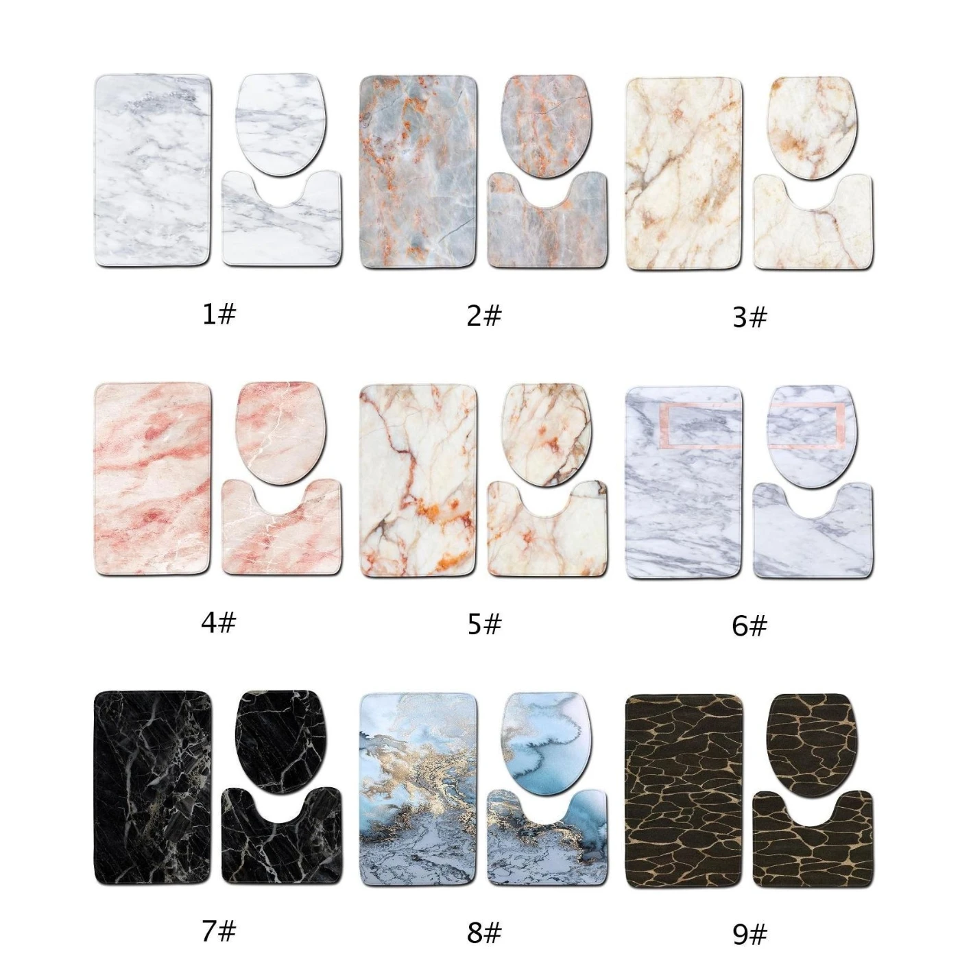 3pcs/Set Marble Pattern Non-Slip Rug Toilet Lid Cover Bath Mat Home Bathroom