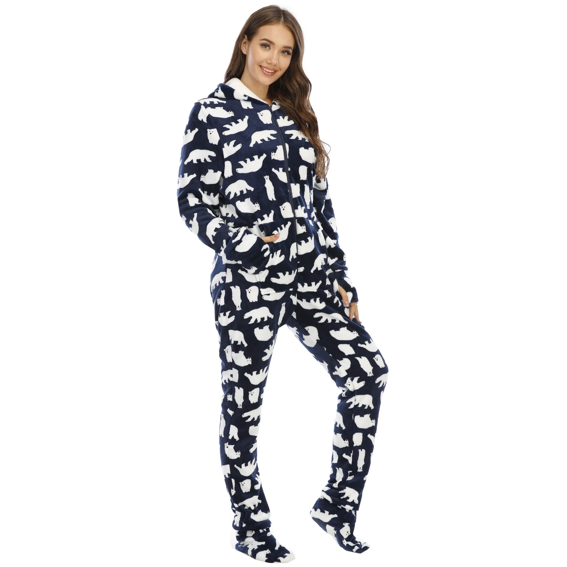 Winter European And American Ladies Pajamas Flannel Animal Print Foot Cover One-piece Home Service Pyjamas