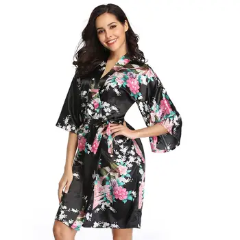 

Wedding Dressing Robe Satin Sexy Bride Bridesmaid Black Lady Kimono Bathrobe Large Size Casual Sleepwear Floral Nightgown Pijama