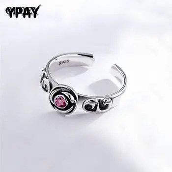 

YPAY Vintage Rose Flower Shape Elegance Open Rings for Women Genuine 925 Sterling Silver Finger Tail Ring Fine Jewelry YMR295