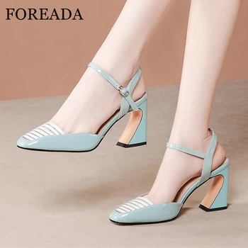 

FOREADA Women Slingbacks Shoes Natural Genuine Leather Strange Style Heels Shoes Cow Leather Shallow Square Toe Buckle Shoes 39
