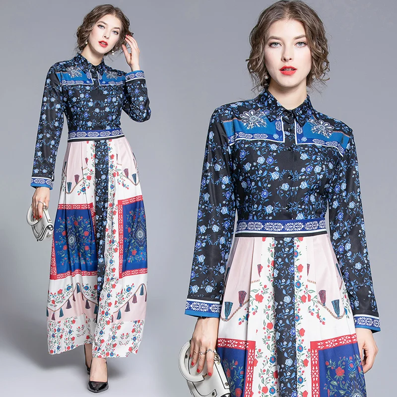 

High Quality Women Dress 2019 Autumn Runway Vintage Floral Print Maxi Dress Long Sleeve Single Breasted Slim Waist Party Dresses