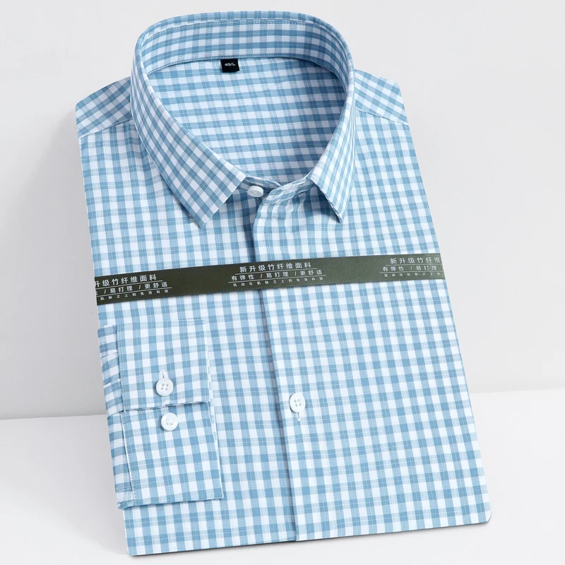 Men's Dress Shirt Standard-fit Checks/Stripes (Patterned) No Pocket Long Sleeve Soft Bamboo-fiber Versatile Casual Plaid Shirts | Мужская