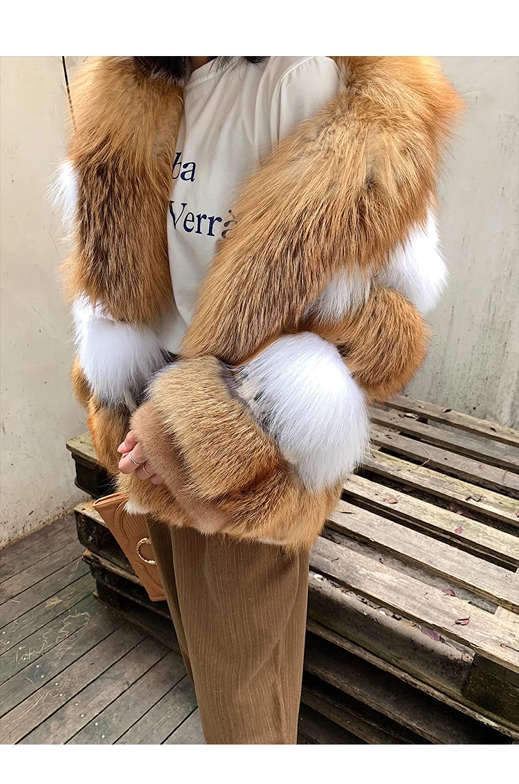 Charming Ladies Casual Warm Patchwork Real Fur Coat Winter Natural Womens Clothing Elegant Outwear Fashion Genuine Fur Coat
