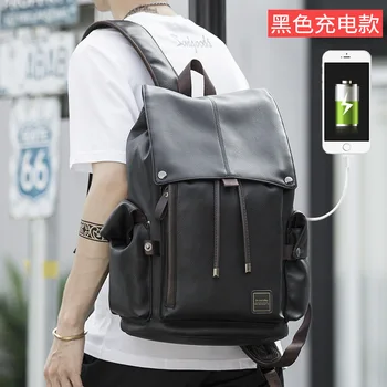 

PVC External USB Charge 14 Inch Laptop Backpack Unisex Vintage Casual Rucksack Men Anti-theft Waterproof leather Student Mochila