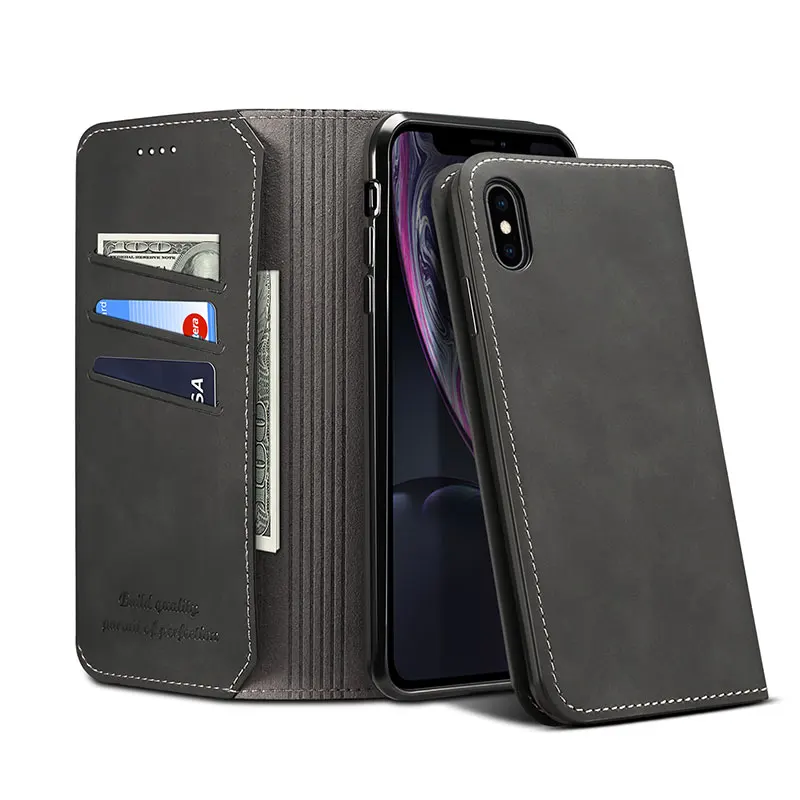 Бумажник Флип кожаный чехол для телефона iphone6 iphone7 iphone8plus iphoneX iphoneXS iPhone MAX слот для магнитных карт чехол подставка - Цвет: black