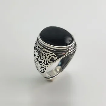 

Real 925 Silver Black Garnet S925 Ring For Men Female Engraved Flower Classic Open Size Ring Sterling Thai Silver Jewelry