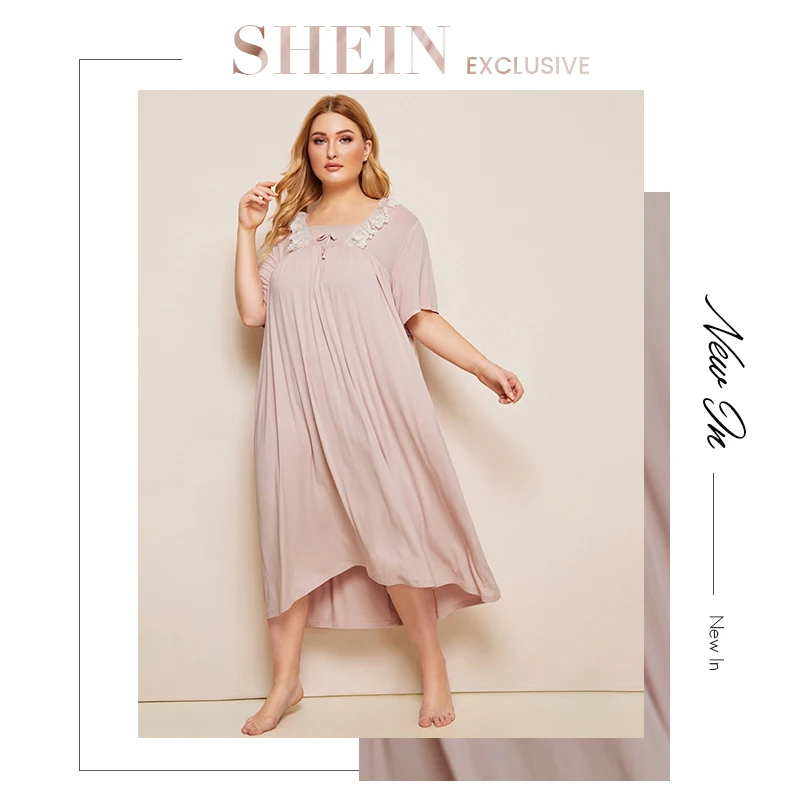 SHEIN плюс размер розовые контрастные кружевные ночные платья с коротким рукавом женские летние повседневные квадратные шеи большие размеры пижамы платье