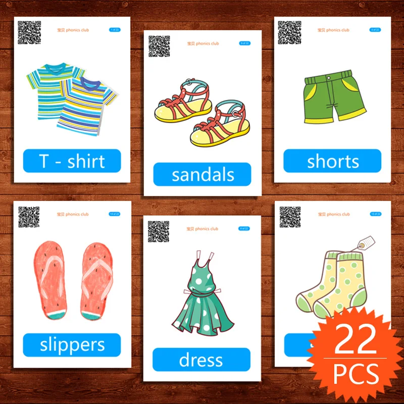 22Pcs/Set Kids Learning Cards English Clothes Word Card Baby Enlightenment Flashcard Kindergarten Teacher Teaching Aids |
