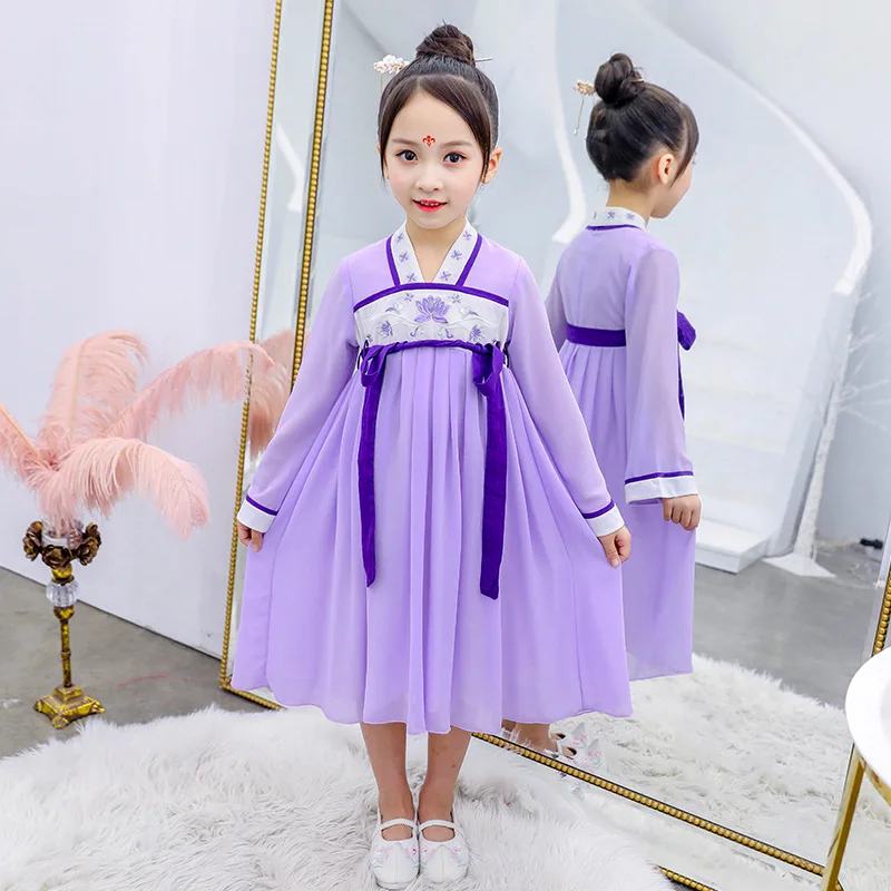 Hanfu/костюм для девочек; Традиционное китайское платье в китайском стиле; Детский костюм в древнем стиле; наряд для выступлений в народном стиле; платье для девочек - Цвет: Синий