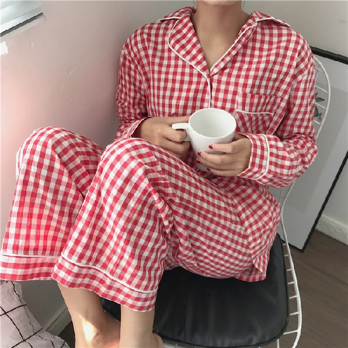 Ladies spring and autumn style net red printed plaid pajamas set lapel long-sleeved trousers 2-piece home service casual pajamas satin pajamas Pajama Sets