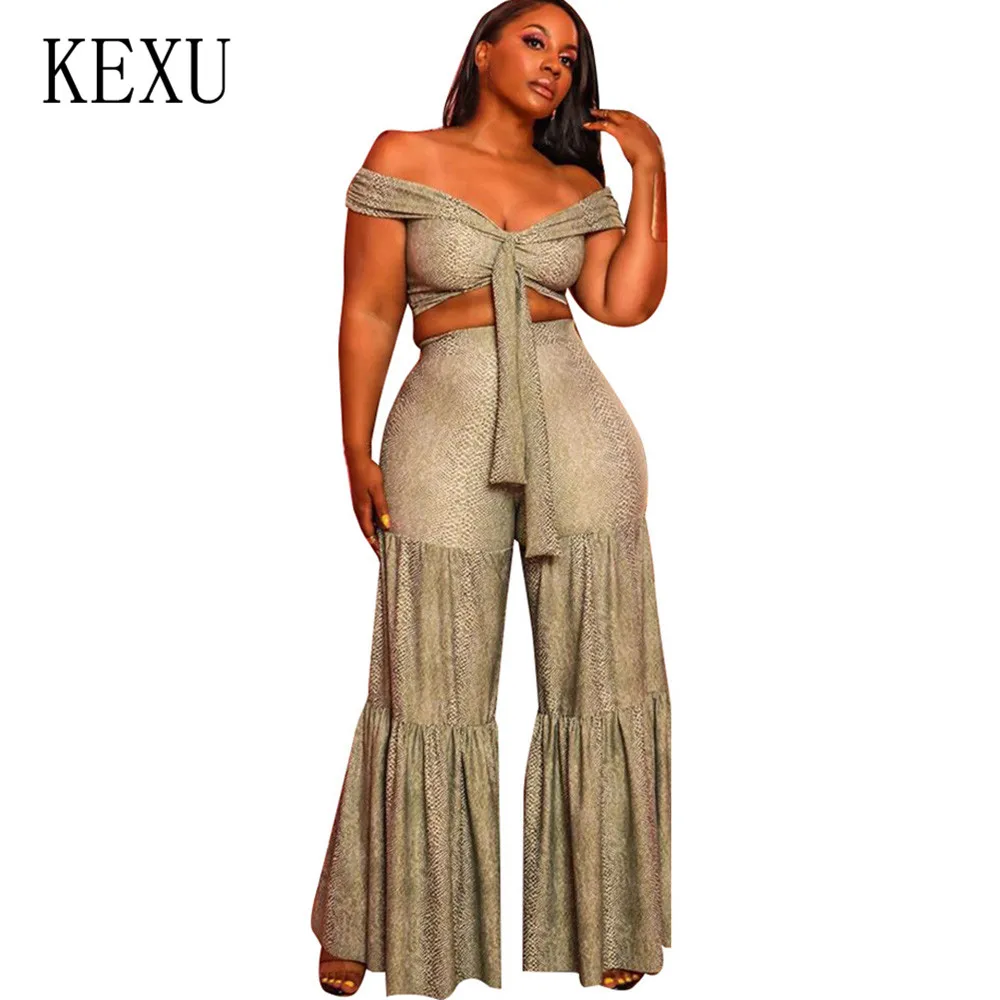 

KEXU Sexy Fashion Personality Snakeskin Wrap Chest Wide Pants Two Pieces Sets Lace-up Hollow Out Jumpsuits Women Female Overalls