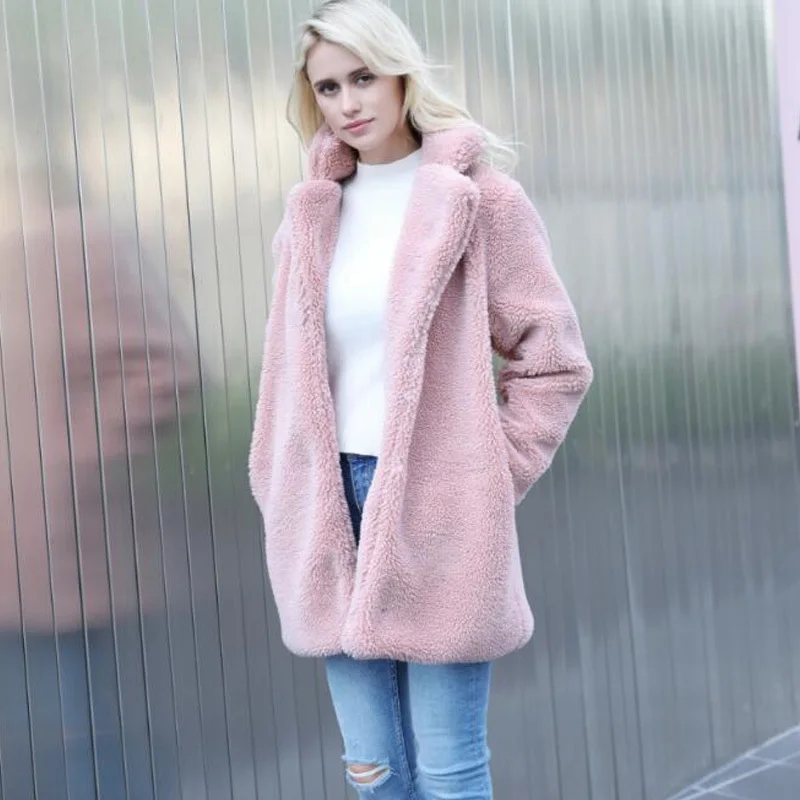 pink Женское зимнее осеннее пальто из искусственного меха размера плюс, теплая верхняя одежда с воротником, Длинное Элегантное пальто - Цвет: pink