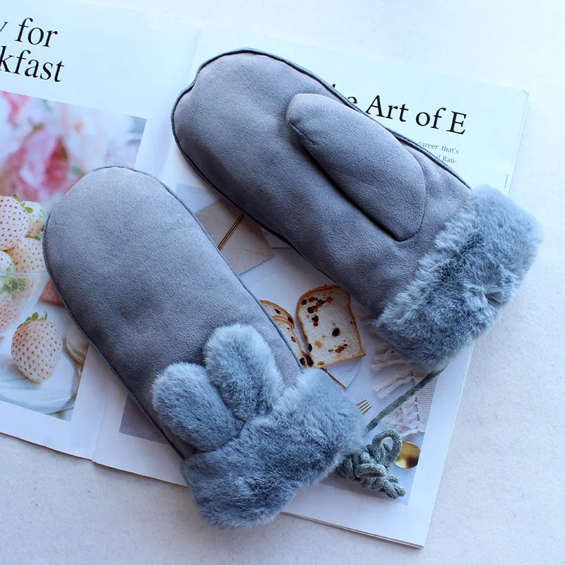 Winter Warm Suede Knitted Mittens Women's Color Plus Velvet Thickening Outdoor Windproof and Cold-Proof Girl Student Gloves