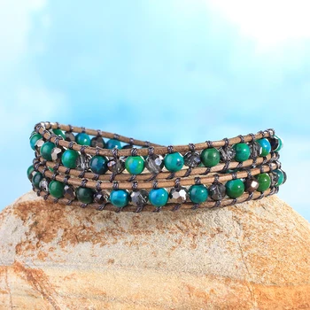 

KELITCH Classic New Malachite Stone Beaded 2 Wrap Strand Bracelets Bohemian Casual Crystal Leather Bracelets