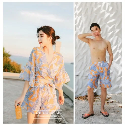 

Hipster Beach Couples Three-piece Set Women's Printed Bikini Small Bust Gathering Split Type Swimsuit MEN'S Beach Shorts