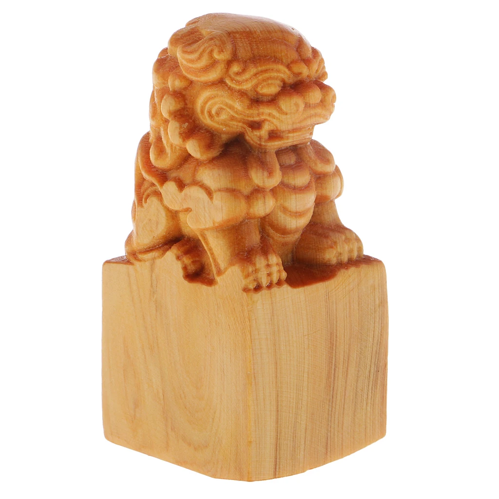 Wooden Lion Seal Statue Feng Shui Decoration For Chinese Culture Lover Fans