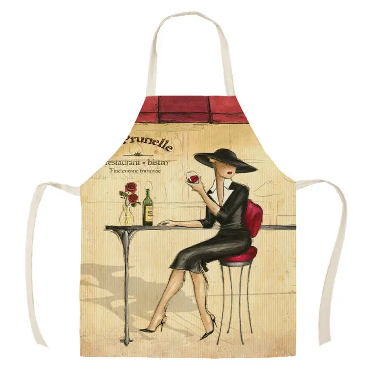 Linen Fashion Woman Print Kitchen Aprons Unisex Dinner Party Cooking Bib Funny Pinafore Cleaning Apron WQC293