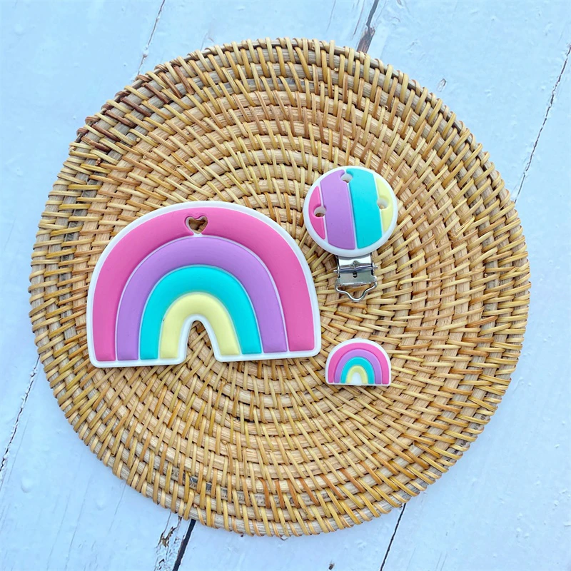 3PCS/lot Baby Rainbow Silicone Teether Bead Pacifier Clip Food Grade Silicone Kids DIY Handmade Toys  Accessories Newborn 3