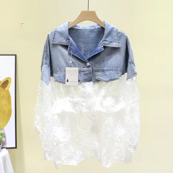 

2020 Spring autumn New Fashion Lace Spliced denim jacket Women Crochet Fake Two-Piece Jeans jacket Slim ladies Denim Coat G147