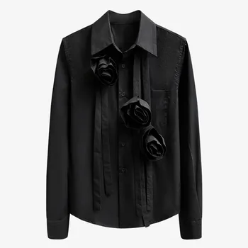

SONDR Niche Design Black Shirt For Famale 2020 Autumn New Temperament Three-dimensional Flower Ribbon Long Sleeve Tops Women