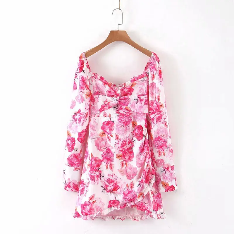 

Western Style Autumn New Style Slim Fit Slimming Retro Puff Sleeve Square Collar Long Sleeve Floral Printed Dress Short Skirt Wo