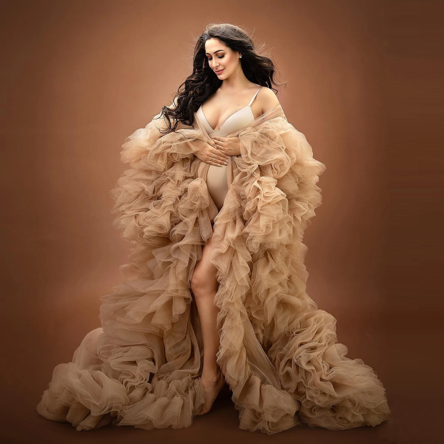 thumbnail image 2 of Molisa Women's Pearl Tulle Maternity Dress - Off Shoulder, Long Puffy Sleeve, For Photoshoot, Baby Shower, Bridal 2 of 9