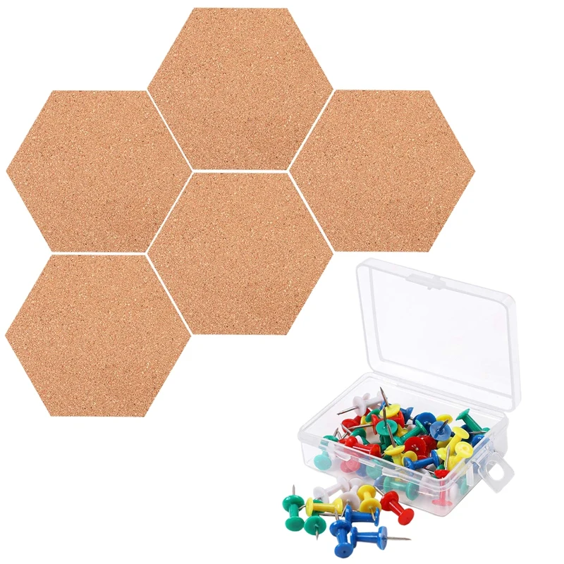 

5 Pack Hexagon Cork Board with 50 Pieces Pins Self Adhesive DIY Notice Board Mini Wall Bulletin Boards for Pictures Photos Drawi