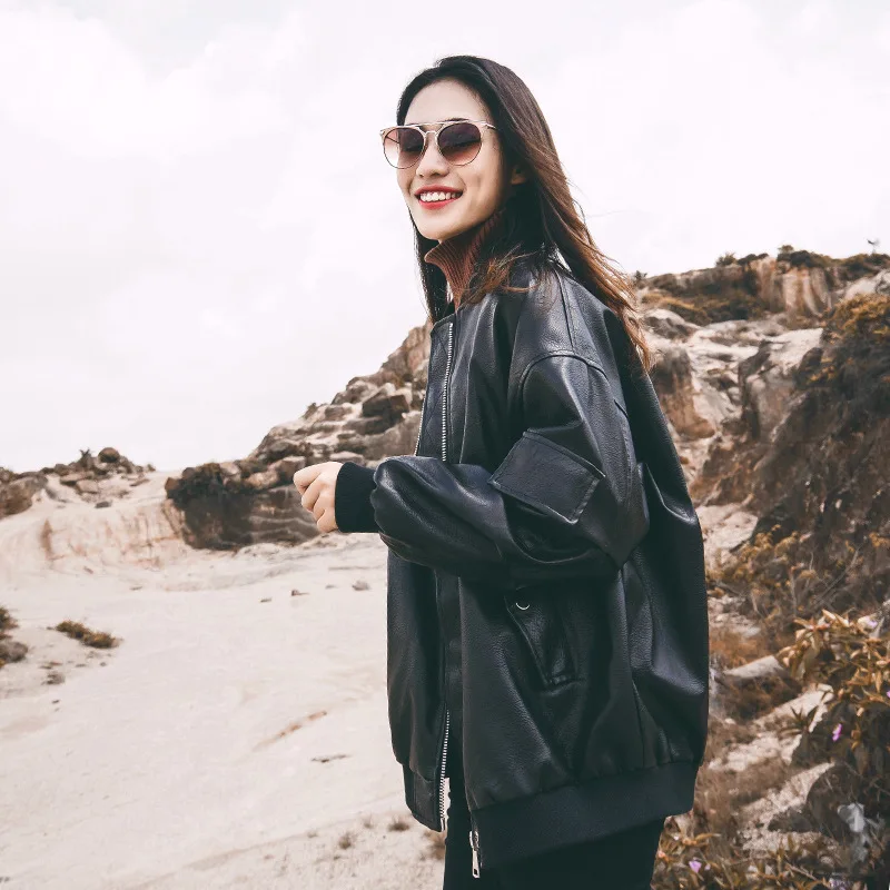 

Brushed And Thick Leather Coat Coat Women's Loose-Fit Korean-style Leather Jacket Women's 2019 New Style Autumn And Winter Versi