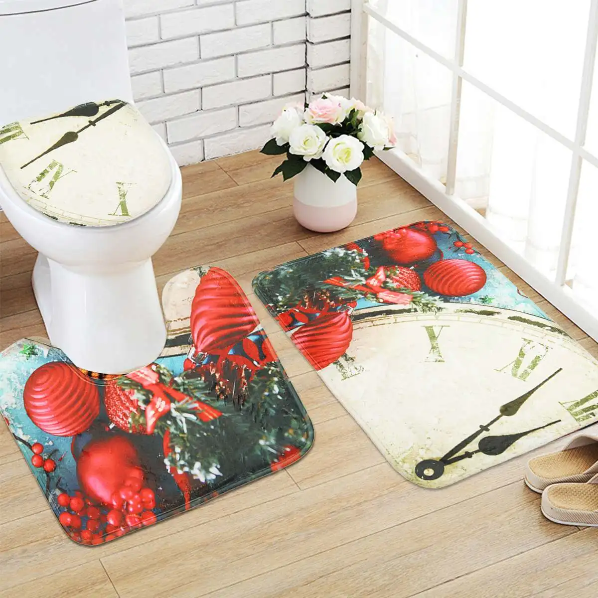 Clock mat Merry Рождественский набор для ванной Снеговик Дед Мороз Санта колокол лося узор водонепроницаемый Душ занавес Туалет крышка коврик нескользящий коврик - Цвет: Clock mat