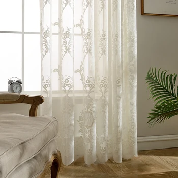 

High-grade White Embroidery Flower Voile Curtains European Style Tulle Sheer Curtains For Living Room Bedroom Windows
