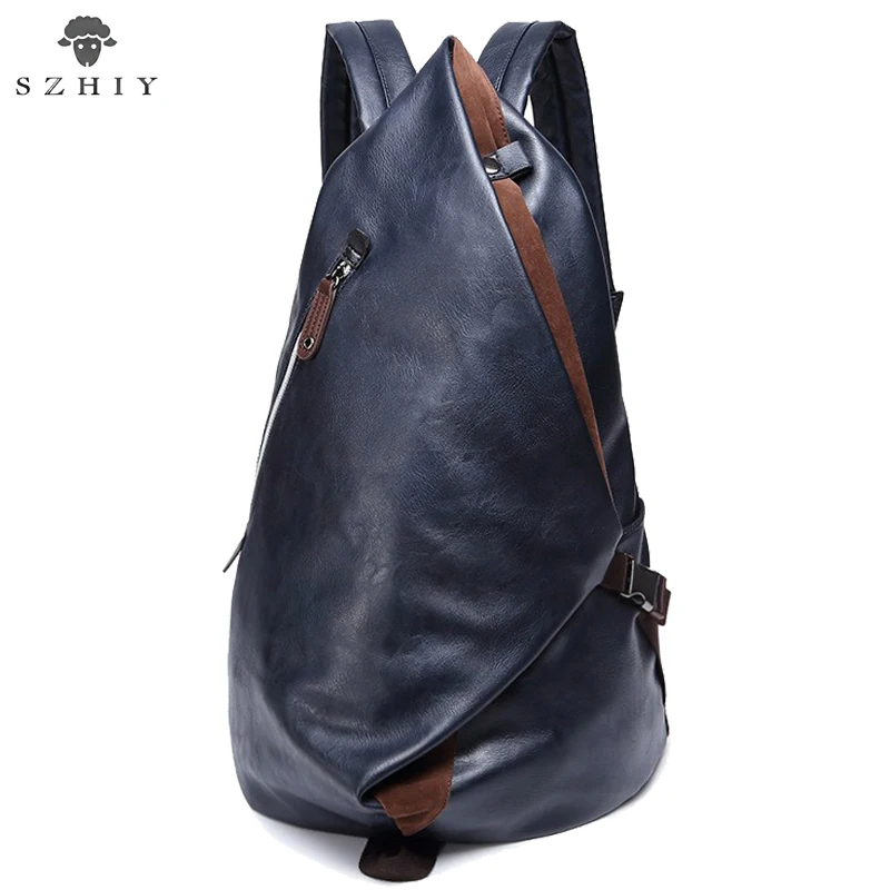 

2019 Fashion Men Backpack PU Leather Backpack Male Laptop Backpack Blue School bag Travel Backpack Multi pocket bag